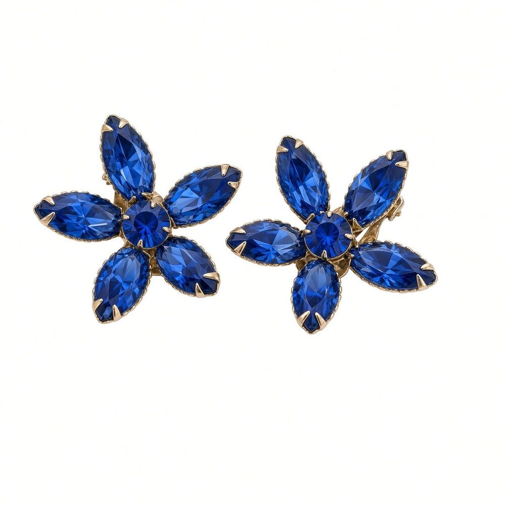 Vintage Blue Rhinestone Flower Clip On Earrings 1.5" Navette AB Center